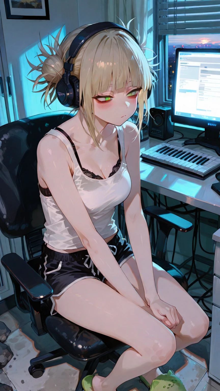 Fascinating, High resolution, Beautiful anime-style photorealistic illustrations, A slim, toned, busty woman. She is sitting in a music studio, He is concentrating on tuning his guitar with headphones on.. The woman is wearing a revealing, thin tank top and cute panties., Long blonde hair tied in a high ponytail. In the background々Various instruments and equipment are on display, Create a cozy and creative atmosphere.