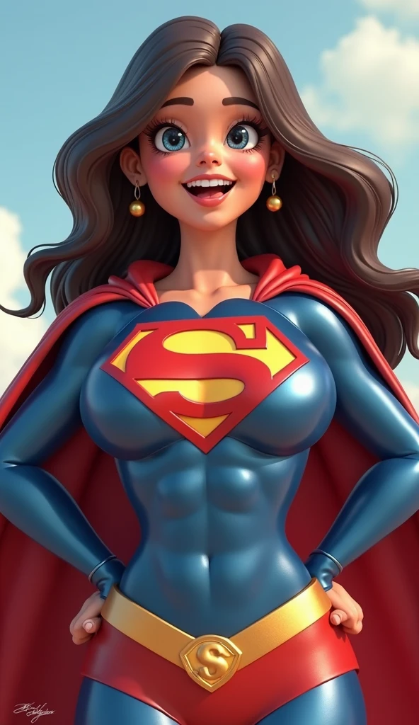 best quality,ultra-detailed,realistic:1.37,portrait,beautiful detailed eyes,beautiful detailed lips,strong and powerful girl,extraordinary strength,flying in the sky,vibrant colors,sunlight,shining costume,cape flowing in the wind,happy and confident expression,cityscape,heroic pose,action-packed scene,lens flare effect,fast-paced motion,beautiful smile,vivid colors,impressive physique,graceful movement,superpowers,blue sky,red and yellow costume,heroic and inspiring,unstoppable force,superhero in action,incredible speed and agility,superhuman strength,amazing supergirl,Faster than a speeding bullet,more powerful than a locomotive,able to leap tall buildings in a single bound,protector of the city,strong and fearless,defender of justice