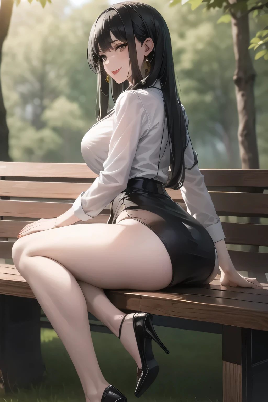 women with long black hair,A woman with a lovely smile,GREEN OFFICE LADY SUIT,white blouse,Tight Miniskirt,high heels,Relaxing on a park bench in the woods Woman,Don't crop your face because your expression is a top priority,Can you draw looking back on a blackboard,The chest is hidden by the costume,accurately depict the details of her hands and legs,, , big boobs, thin waist , , ,Faces are very important,only one,