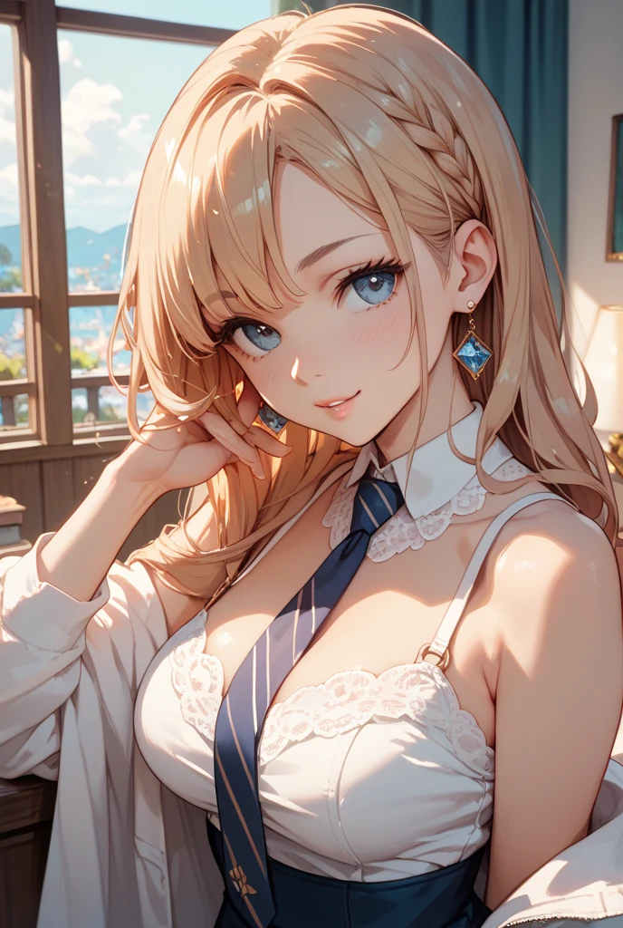 (best quality,absurd res:1.3),(warm lighting:1.2),1girl,intricate details,(bokeh photography:1.3),natural face,(city on background:1.2), <lora:tia-nikke-richy-v1_pdxl:0.8> tia, blonde hair, hair ornament, hair clip, brown eyes, blue bowtie, blue cardigan, white shirt, button gap,huge breasts, thick thighs,(close up face:1.2),