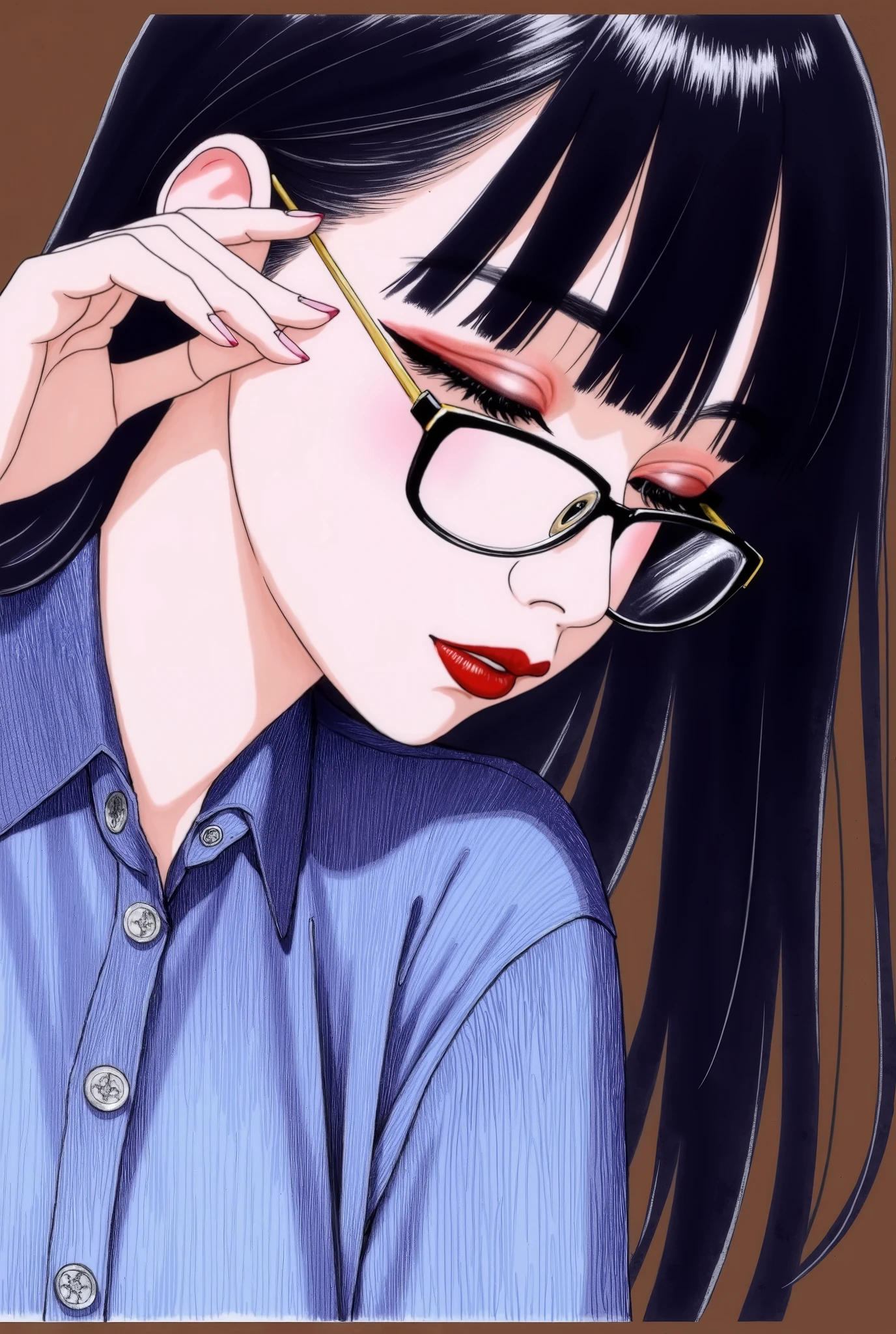 colored pencil drawing, solo, 1girl, medium straight hair with blunt bangs, glasses, mascara, pink cheek, red lips, blue shirt, profile, half-closed eyes, looking down, parted lips, adjusting eyewear, looking over eyewear, upper body, black background,
