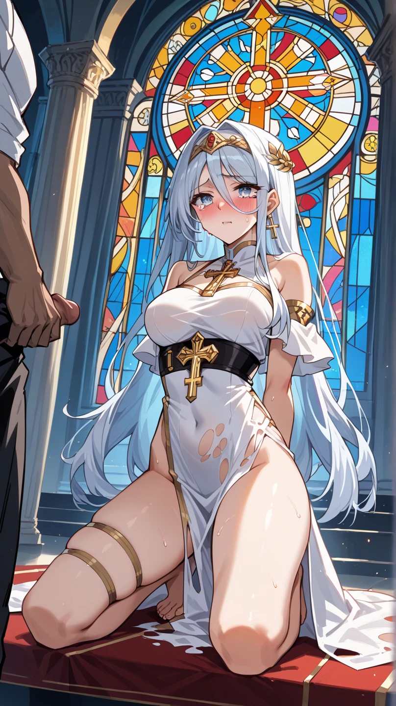 (((Open and fix your legs、Restrained with legs spread)))One girl,18-year-old,(((fundoshi、Thick pubic hair,Naked from the waist up、No bra、)))Excellent anatomy, masterpiece, Highest quality,Realistic, hyperRealistic, 16k hdr,(necklace,Cleavage,damaged body,Sweat,Beautiful Face,Mature Woman,,),(blush,anger,:1.2),Fantasy World,Outdoor,village,blue sky,,(Decorated Cross:1.2),(Crucifixion,Spread the word_arms,Tie your arms:1.5),(((NSFW、Naughty pictures)))