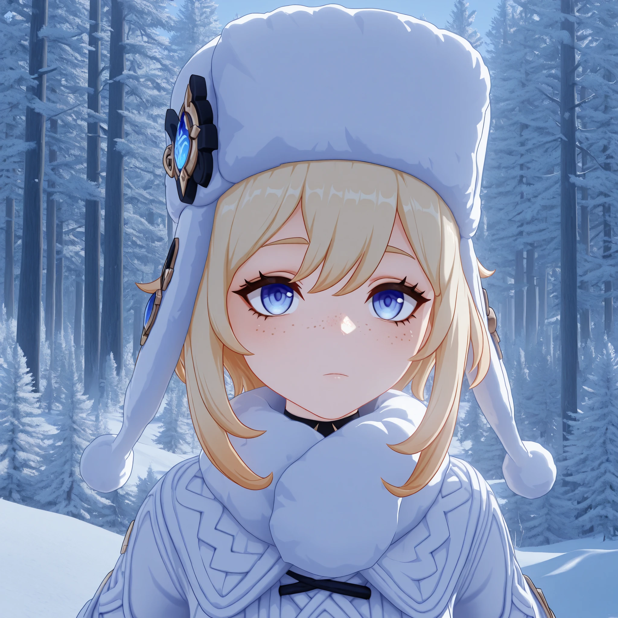 masterpiece, best quality, amazing quality, G3NSHIN, genshin impact style, 3d, boy, messy blonde hair, blue eyes, ushanka, winter clothes, face and bust focus, freckles, snowy forest