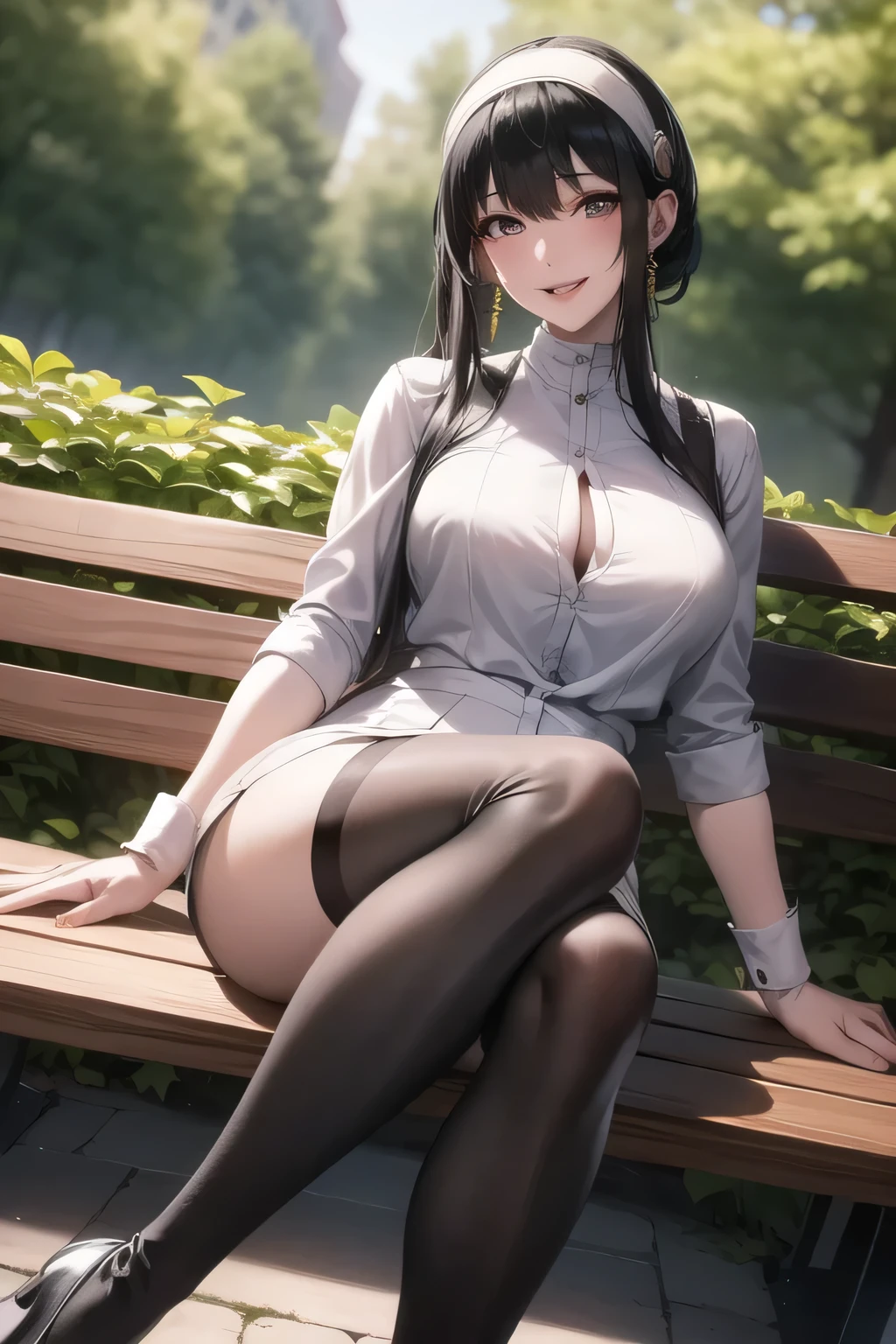 I have my black hair up,Hair accessories,Black Haired Woman,I have a white headband,A woman with a lovely smile,office lady suit,white blouse,tight miniskirt,high heels,A woman relaxing on a park bench in the woods,Facial expression is the most important thing, so、don't fix my face,Can I draw her looking back at the board,Her breasts are hidden by her costume,Can you get the details of her hands and feet right?,, , big boobs, thin waist , , ,Faces are very important,only,