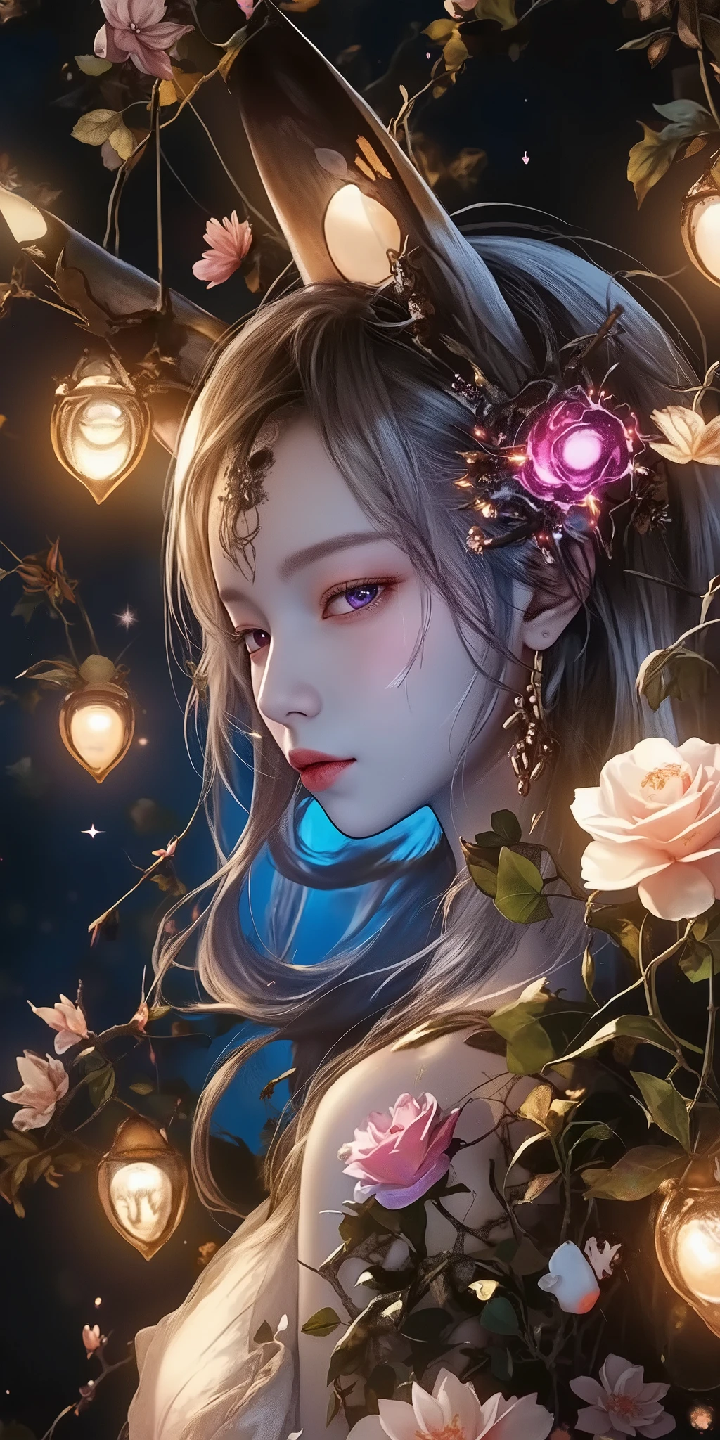 1 , long white hair . chest. fox ears. MULTICOLOR EYES. PURPLE EYES , pink eyes. earrings. Dancer's candid attire. The symbol on the forehead is in the shape of a moon . full length .