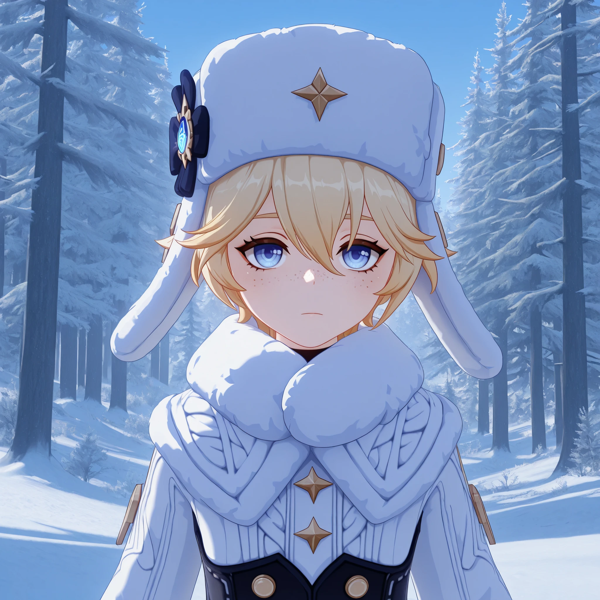 masterpiece, best quality, amazing quality, G3NSHIN, genshin impact style, 3d, 1boy, male, messy short blonde hair, blue eyes, ushanka, winter clothes, face and bust focus, freckles, snowy forest