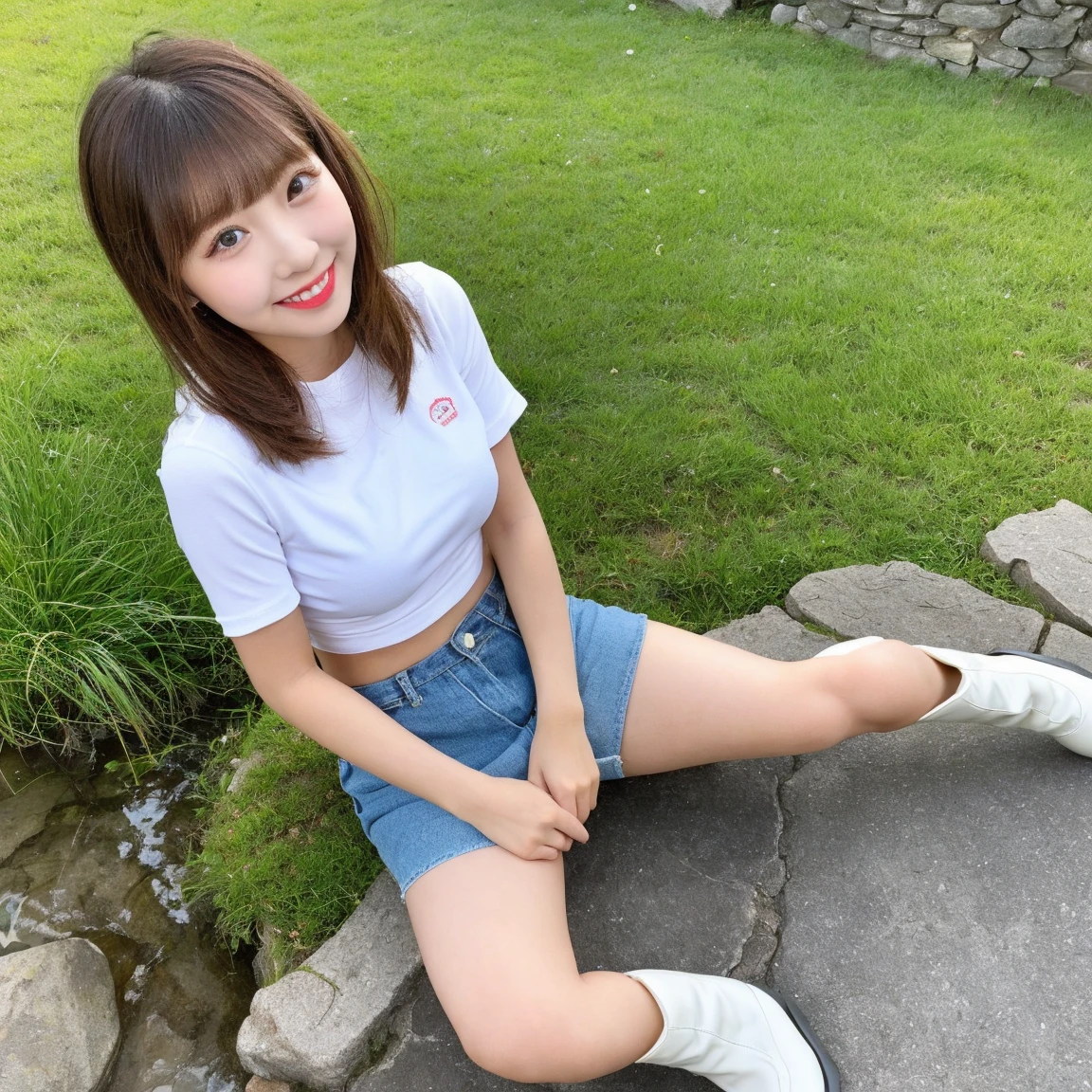 In detail,Full body photo、 smile、High resolution, high quality、Perfect dynamic composition, Beautiful details, blonde、Bobcut、Natural color lip,Kamimei、1 person、1 person、Beautiful Skin、White shirt、Red mini skirt、Thighs、Shiny Hair、最high quality, shape, Very detailed, In detail, High resolution, 8k、The correct state of the human body、Squat、Sculpture model pose,Pink Wall