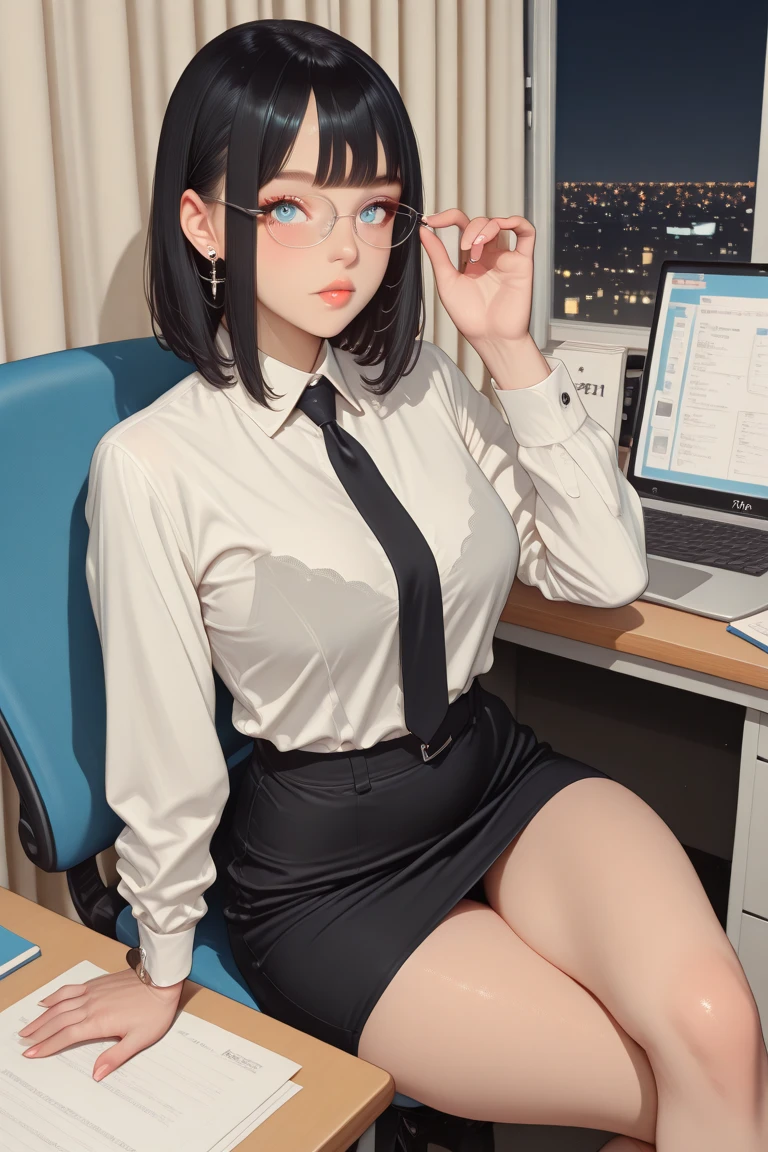 1 girl, Blue Hair, blue eyes, short hair, Black shawl, skirt, White pantyhose, Blue Devil Wings, Blue glasses, For Mini,, indoors, hiding place, many monitors, phantom thief hiding place,, ,
