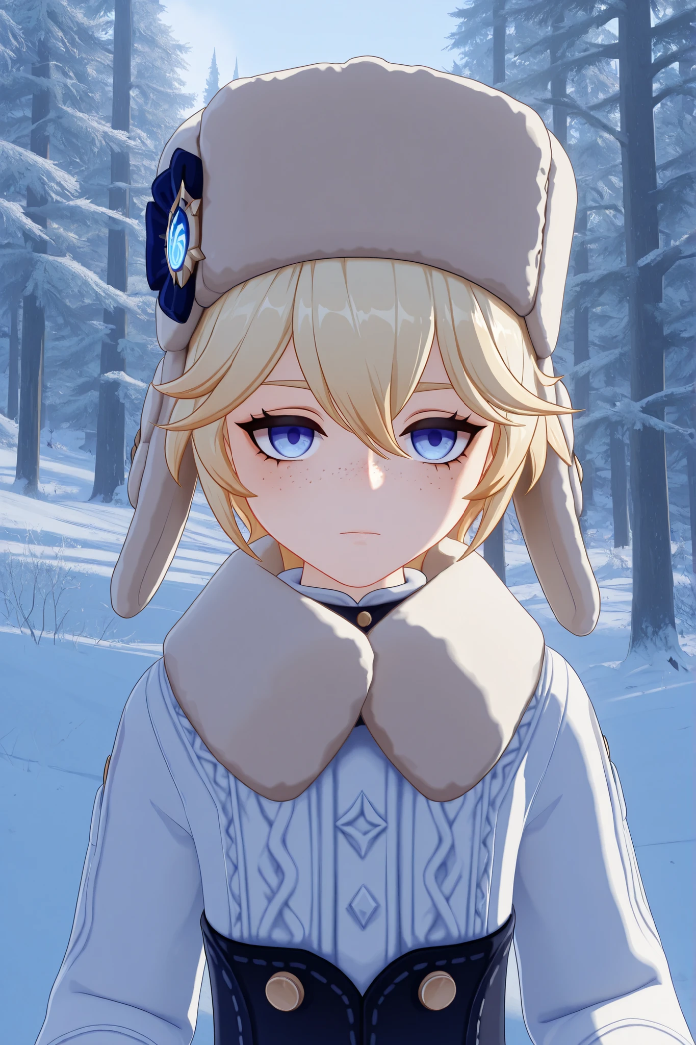 masterpiece, best quality, amazing quality, G3NSHIN, genshin impact style, 3d, 1boy, male, messy short blonde hair, blue eyes, ushanka, winter clothes, face and bust focus, freckles, snowy forest