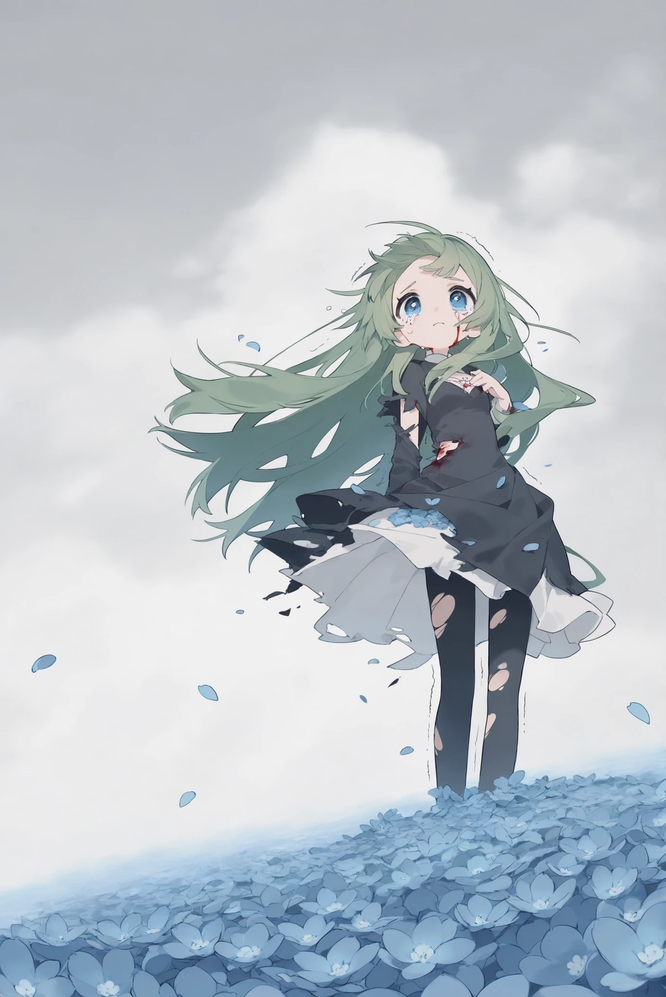 1girl, blue eyes, Sadness face,crying face、big tears、facing up、 green hair, pin your bangs, long hair , torn tights, to be hugged, open your chest, tattered dress,After the war、Orphan、torn clothes、Blood dripping from cheeks、 Torn back、Visible Skin、small breasts、small body、Small waist, Trembling legs,Inner thighs、 stands in the middle of the night, 1 ugly man、Embraced by a horrible looking man、On a field of blue flowers,  adultic、cinematic,  petals, Cloudy grey sky wrapped in white smoke, Rays from the Sky, EXTERIOR, Wind Rift,  low angle between mountains, masterpiece, top quality, great quality, Extremely Aesthetic, very high resolution, Newest