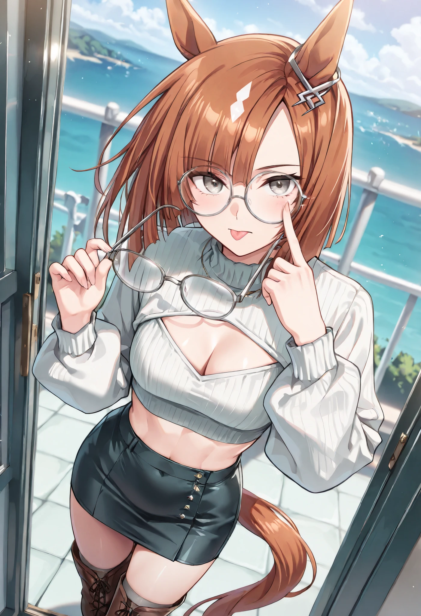 (masterpiece, best quality, perfect face:1.4), wide angle, ikuno dictus \(umamusume\), 1girl, ((remove glasses)), hold removed glasses in hand, horse ears, ear ornament, horse tail, tail on the lower back, proportional body, proportional,1 girl, beautiful hair, beautiful face, beautiful detailed eyes, beautiful clavicle, beautiful body, beautiful chest, beautiful thigh, beautiful legs, beautiful fingers, BREAK, Clear Focus: 1.2, Perfect Body Beauty: 1.4, Slim Abs: 1.1, white sweater, tight skirt, stockings, boots, Exposed Cleavage Absurdity, Incredibly Absurd, BREAK, akanbee, eyelid pull, lower eyelid pull:1.2, closed mouth:1.2, tongue out, serious expression, realistic skin, HDR, BREAK, good hands,