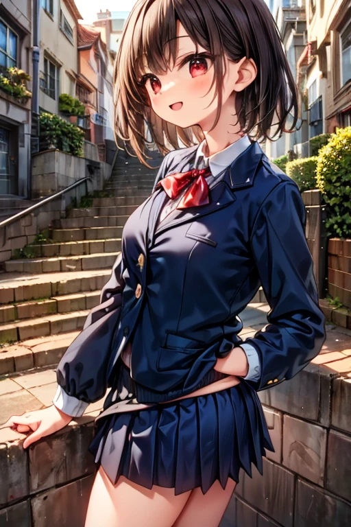 ((Tabletop, highest quality, High resolution, , Perfect Pixel, 4K,))), 1 high school girl, single, alone, beauty、The whole body is visible、 ((Mid-wave hair, bangs, Brown Hair)), ((Brown eyes, Beautiful eyelashes, Realistic eyes)), ((Detailed face, Blushing:1.2)), ((Smooth texture:0.75, Realistic texture:0.65, Realistic:1.1, Anime CG Style)), Medium Chest, Dynamic Angle, Perfect body, ((Red bow tie, , Black jacket, Open jacket, Brown cardigan, White shirt, Black Skirt, Check skirt)), 、、Very embarrassing panic smile, looked back、Leaning forward、The wind is blowing and my underwear is completely visible、Touch your buttocks with both hands、white and light blue floral lace panties、Angle from below)、