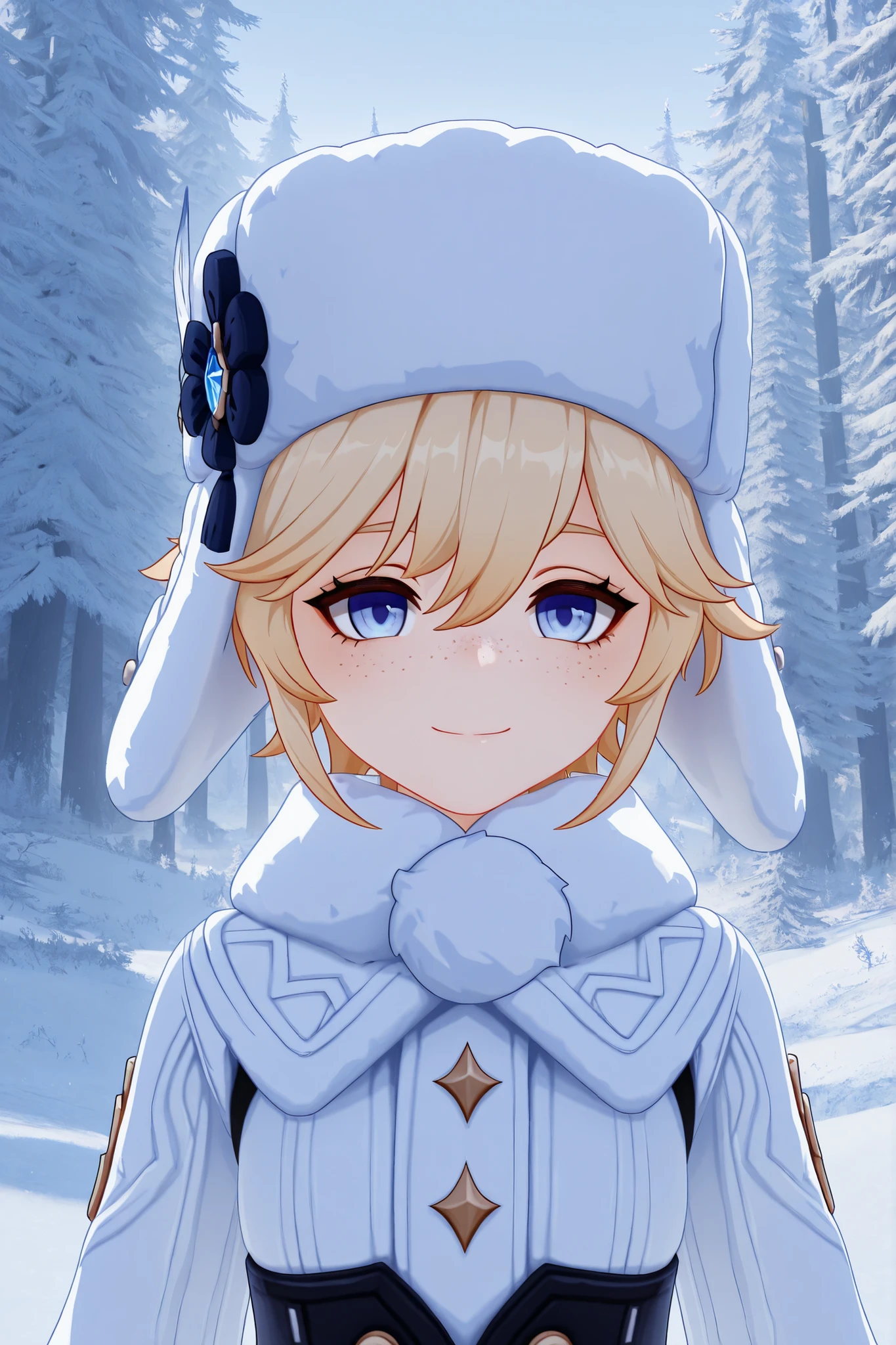 masterpiece, best quality, amazing quality, G3NSHIN, genshin impact style, 3d, 1boy, male, messy short blonde hair, blue eyes, ushanka, white winter clothes, face and bust focus, freckles, snowy forest, smiling