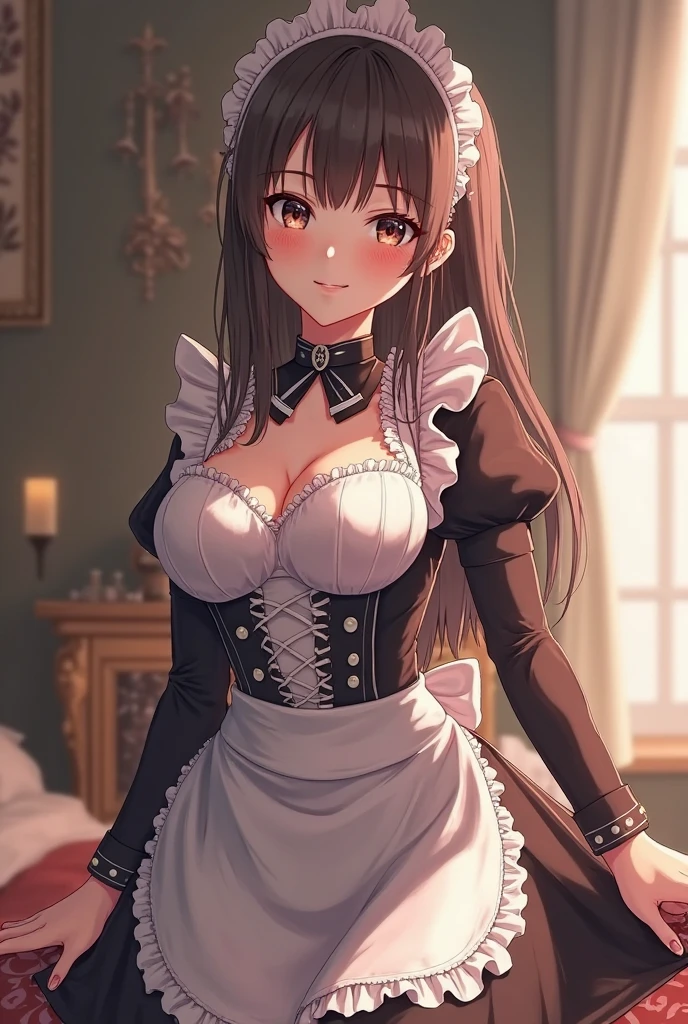 Anime girl, brown shoulder-length hair, Green eyes, black maid dress