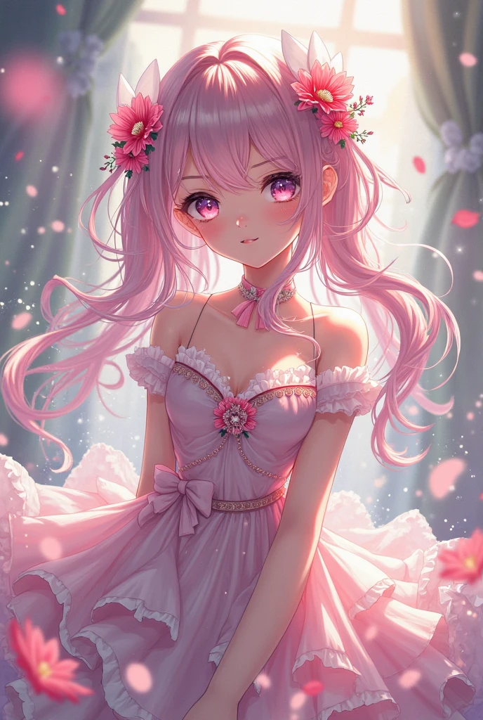 Very detailed CG Unity 8K wallpaper, Cute One lady, Mature hair、lady ,beautiful lady, pale skin (Super masterpiece, Beautiful person, well detailed face polluted smile, Photorealistic, hyper realisitic), 
(Pink gorgeous dress:1.7)、 smile、
Japanese background with light pink flowers and snow、Portrait、
(ref Eyes)、(flat chest:1.3)、(Glowing Skin:1.7)、Detailed eyes、Big eyes、Open your mouth、Hide your arm、

