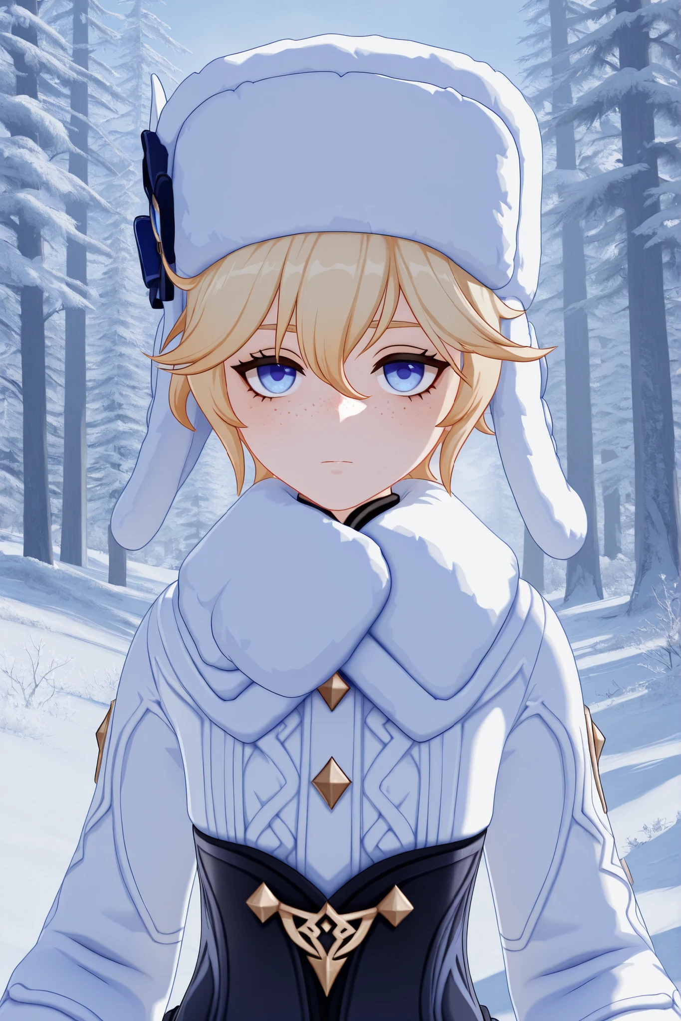 masterpiece, best quality, amazing quality, G3NSHIN, genshin impact style, 3d, 1boy, male, messy short blonde hair, blue eyes, ushanka, white winter clothes, face and bust focus, freckles, snowy forest