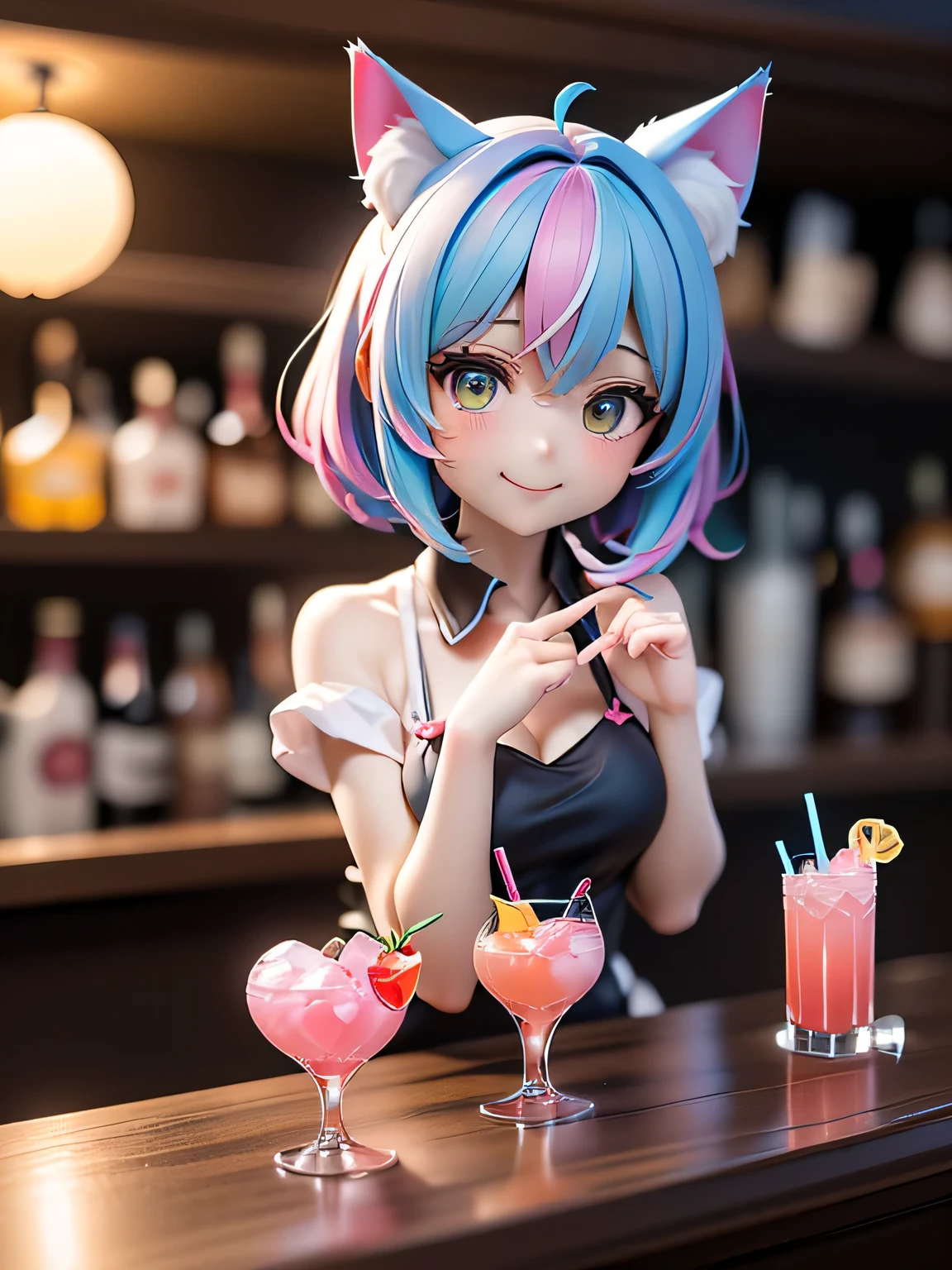 /*Cat ear bar*/,(((Smile Yan))),(((Heart-shaped orb:1.3))),(((Cat ear barテンダーの可愛いらしさを様々image created with a heart orb:1.3))),(((rainbow-colored cocktail glass on the bar counter))),(((Colorful Light Production))),(((a curse with a moe moe kyun pose on a cocktail glass:1.3))),(((Build a heart shape with your finger and a heart shaped beam:1.3))),Low Angle,(creates a disturbance of clothing with a motion blur effect:1.3),professional lighting, Real Shadow,Extremely Delicate and Beautiful Hair,detailed clothing features,professional lighting, Real Shadow,uses shadows to project the target three-dimensionally,complicated details,clothes disturbed by movement,(((3D Images:1.3))),(image mode ultra HD),