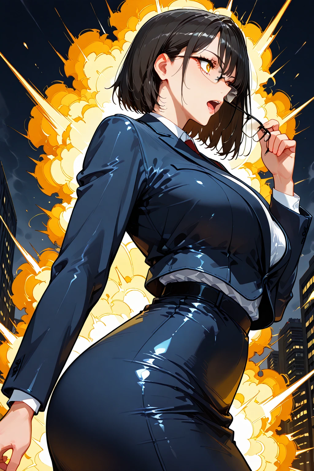 high quality, High resolution, (full shot:1.8), 4K quality, The best high quality masterpiece, business suit, (heavy makeup), Blurred city background at sunrise, bun hair, black hair, detailed face, big breast, short skirt, garter belt and black stockings,