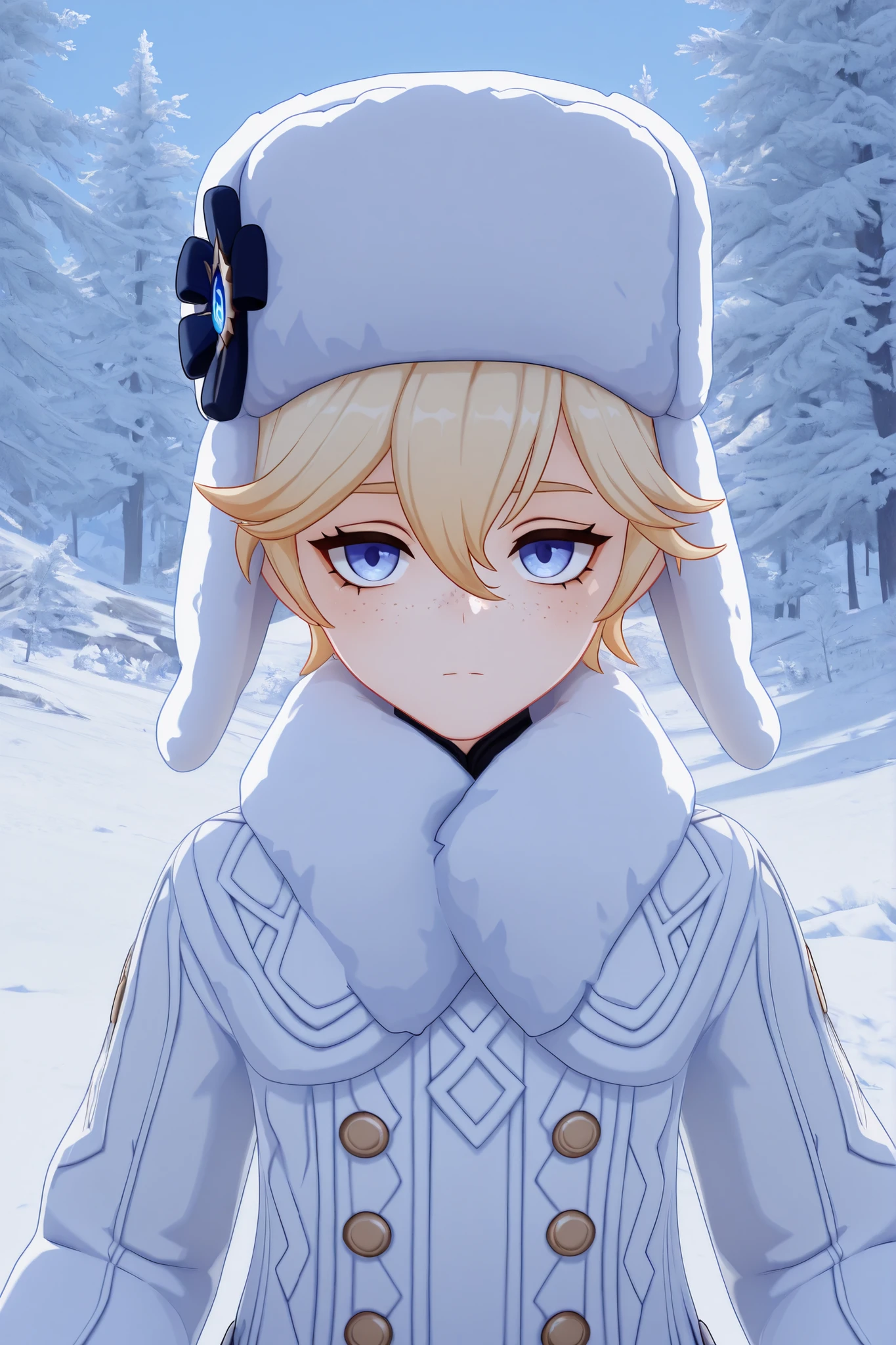 masterpiece, best quality, amazing quality, G3NSHIN, genshin impact style, 3d, 1boy, male, messy short blonde hair, blue eyes, ushanka, white winter clothes, face and bust focus, freckles
