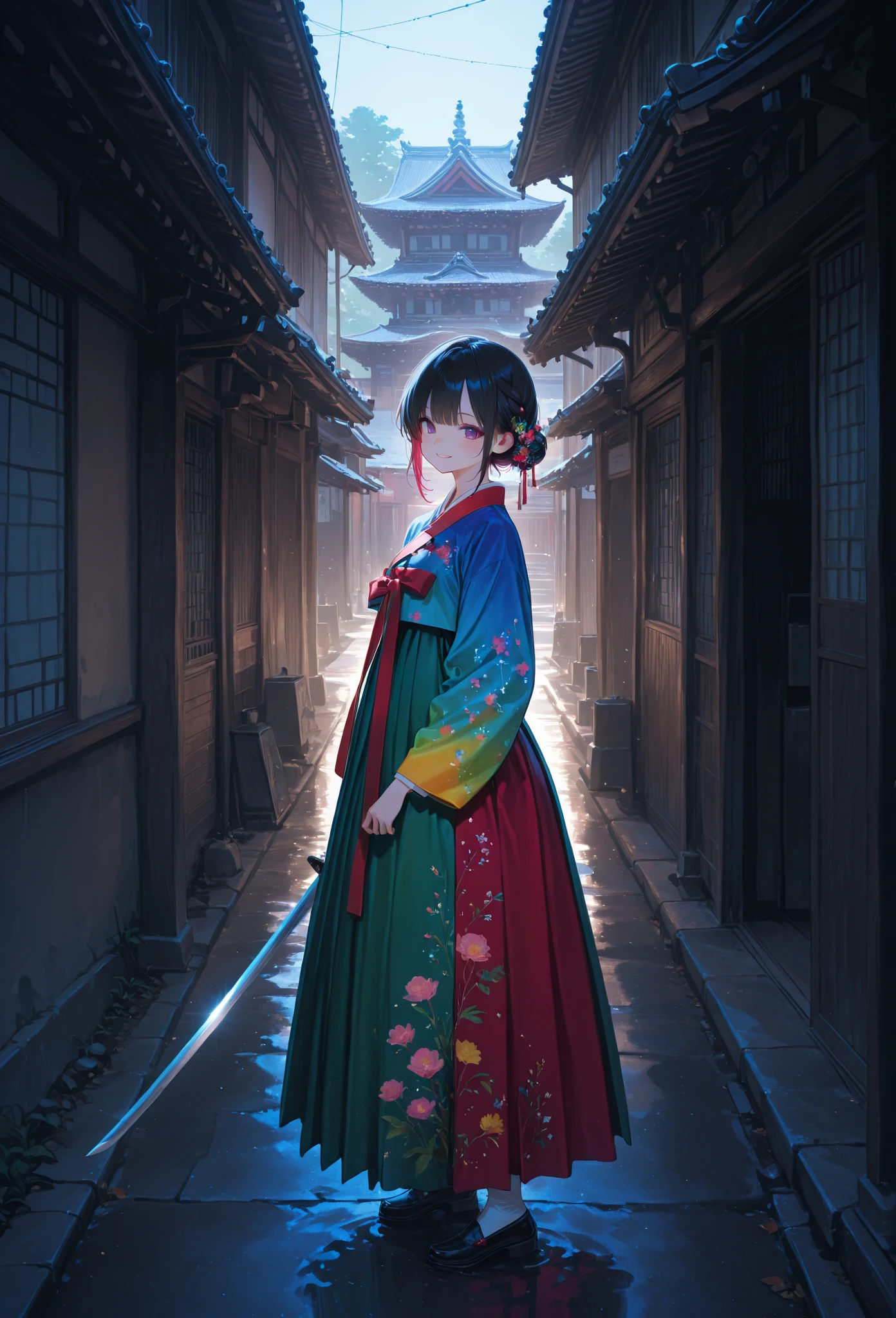 A vibrant flower blooms on the  ground of a large gray avenue. A crowd of gray, soulless people crosses the streets. A colorful , glowing with bright hues, stands protectively over the flower, protecting it with her little hands and determined eyes. Sunlight breaks through the dark clouds. Studio Ghibli style