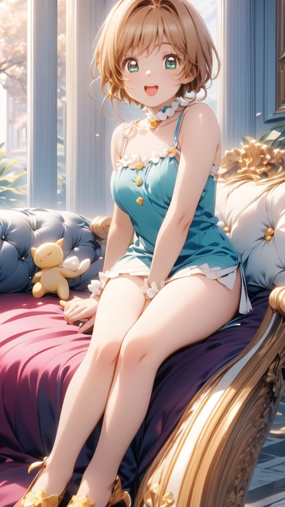 Beautiful women,youthfulenergy,short detailed hair,Shiny silvery-white hair,Lie on a soft bed,Facing the audience,Facial details are exquisite,Wear comfortable pajamas,Show off your sexy belly、Slender legs and beautiful feet,Tall and tall,Top-down view,Full body display,Smiling,Lovely bedroom setting。