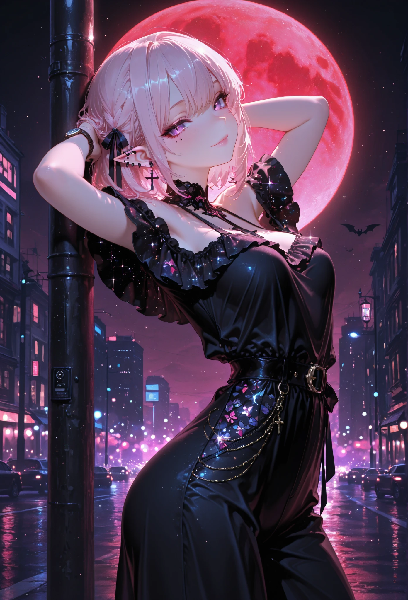 1fille, (Best quality:1.1), (Masterpiece:1.4), portrait, 1fille, (cheveux volumineux)+ , ((curly hair))++, cheveux longs, ((dark skinned))++, (((cheveux roses ))), (golden eyes), Cheveux courts, Gros Seins, Pink Hair , (big lips)+, evening dress, Party Dress , Short Dress , Bas en dentelles, black stockings , peau brillante, Brillant, starry night , pleine lune, Decor Urbain, Bas dentelle, Fioritures, pose dynamique, seiza