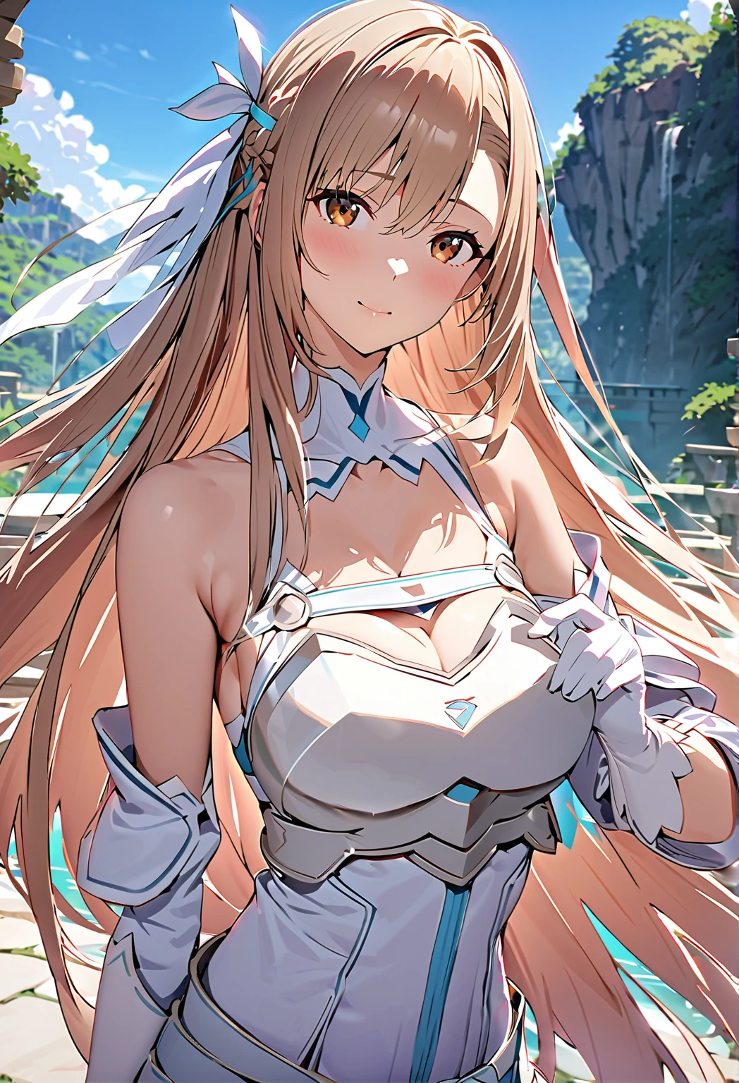 stacia, asuna, asuna_\(sao\), 1girl, fantasy, highres, looking_away, looking_to_the_side, original, realistic, scenery, close_up, upper_body, (draw sword), smiling, solo, (potruding nipple:1.2), long hair, (huge breasts:1.3), looking at viewer, smile, open mouth, bangs ,detailed eyes, beautiful background, (summer, beach), hands on the chest, orange hair, thighhighs, gloves, dress, (cleavage:1.4), bare shoulders, brown eyes, very long hair, standing, (full body:1.5), white gloves, white dress, armor, white thighhighs, garter straps, fantasy, white armor, abec, nsfw