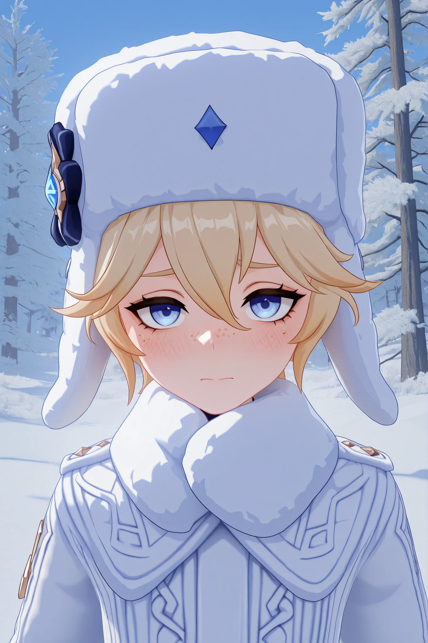 masterpiece, best quality, amazing quality, G3NSHIN, genshin impact style, 3d, 1boy, male, messy short blonde hair, blue eyes, ushanka, white winter clothes, face and bust focus, freckles, blushing