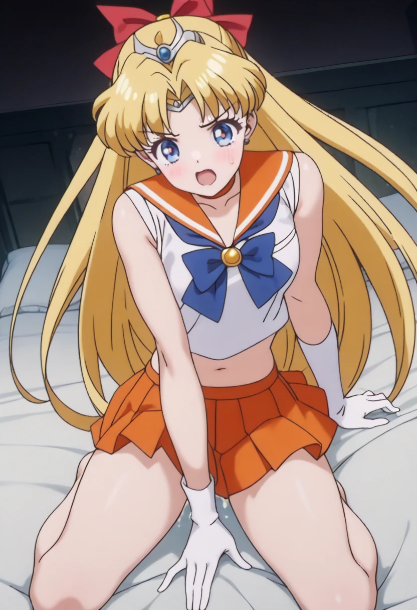 ((((Angle view from under the skirt, ))),masterpiece, Highest quality, (1 person), (Sailor Moon R),(Super Sailor Moon), (Detailed face),(Beautiful blonde hair), Face Focus, White wall, (on bed), Bright room, Embarrassed look, White gloves, Detailed eyes, Detailed face, (Love Hotel), Highest quality, High resolution, (Fine and beautiful eyes: 1.3), highly Detailed face, Detailed CG, (Perfect hands, Perfect Anatomy), (Inverted skirt 1.3), (Detailed Panties 1.3), Sit on the bed, (White panties: 1.3), (Panties with ruffles: 1.3), (Squat: 1.3), (Spread your legs: 1.3)
