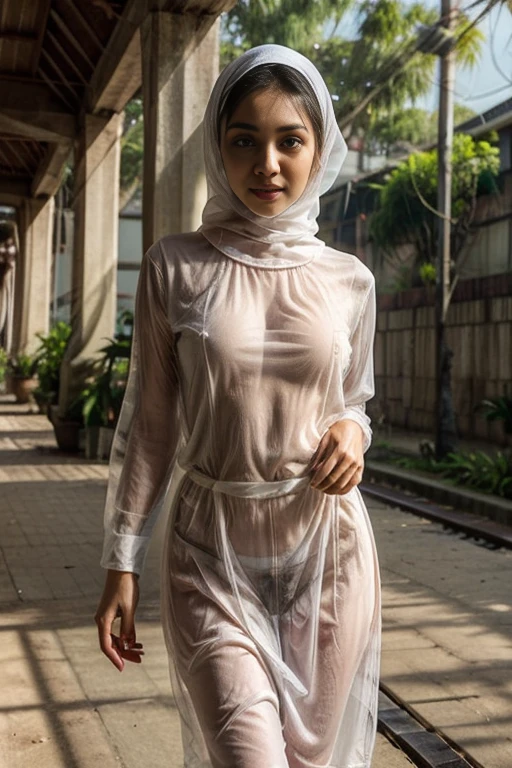 All transparent plastic clothes, a glamour young sexy beautiful sweet sundanese Bogor city girl, twenty five years old, slim sexy body, very georgeus cute face, wearing wet transparent one layer very thin plastic uncolor hijab, all her hairs and ears covered under her hijab, her hairs exposed visible trough her transparent hijab,wearing wet transparent one layer thin plastic Indonesian gamis, no underwears, no panty, no bra, standing straddeled eroticaly spreading her legs lean to the wet wall, she want to go to the neighbourhood meeting, all her body are wet, buat there is something happen that she is shivering very limp as being having sex in the hard rain on the Bogor city street side walk, rain drops are visible, waters flowing down through all the thing, all her naked body and her dense hairy very wet vagina exposed visible through her transparent Indonesian gamis, enjoying being having sex orgasm redish face, open wide mouth, head being limp backwards, being take a deep breath hardly through her mouth, half closed eyes, her eyes turn upwards, realistic normal fingers, wearing wet glasses, wearing expencive high heels, carrying an expencive hand bag, semi naked, semi nude, 4k, this picture taken using DSLR camera, her pale skins and face exposed very detail, her hairy vagina exposed very detail, no makeup on her face,