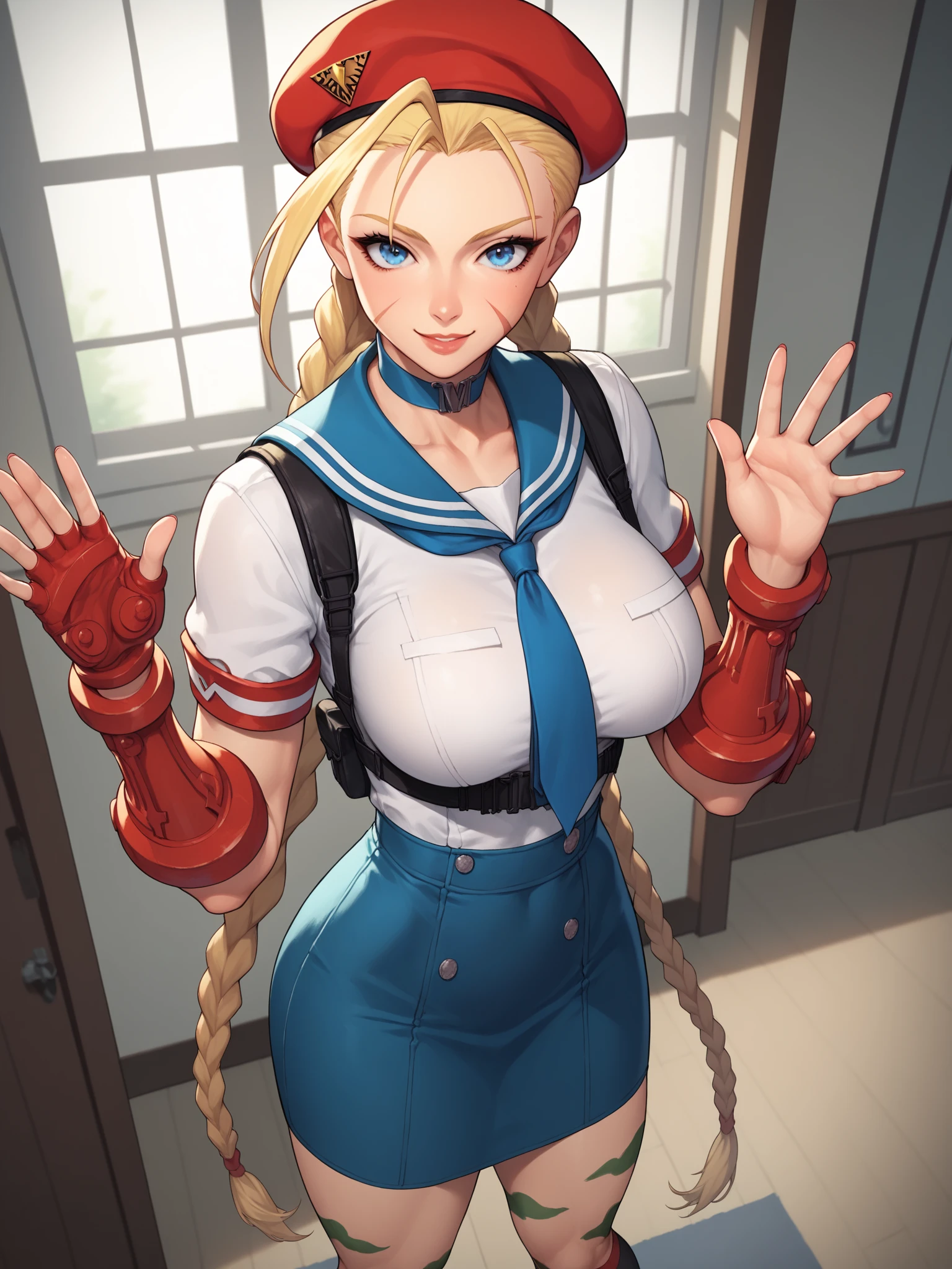 ((best quality)), ((masterpiece)), (detailed), perfect face Cammy White wearing cap, gloves and long sleeve leotard squatting barefoot.