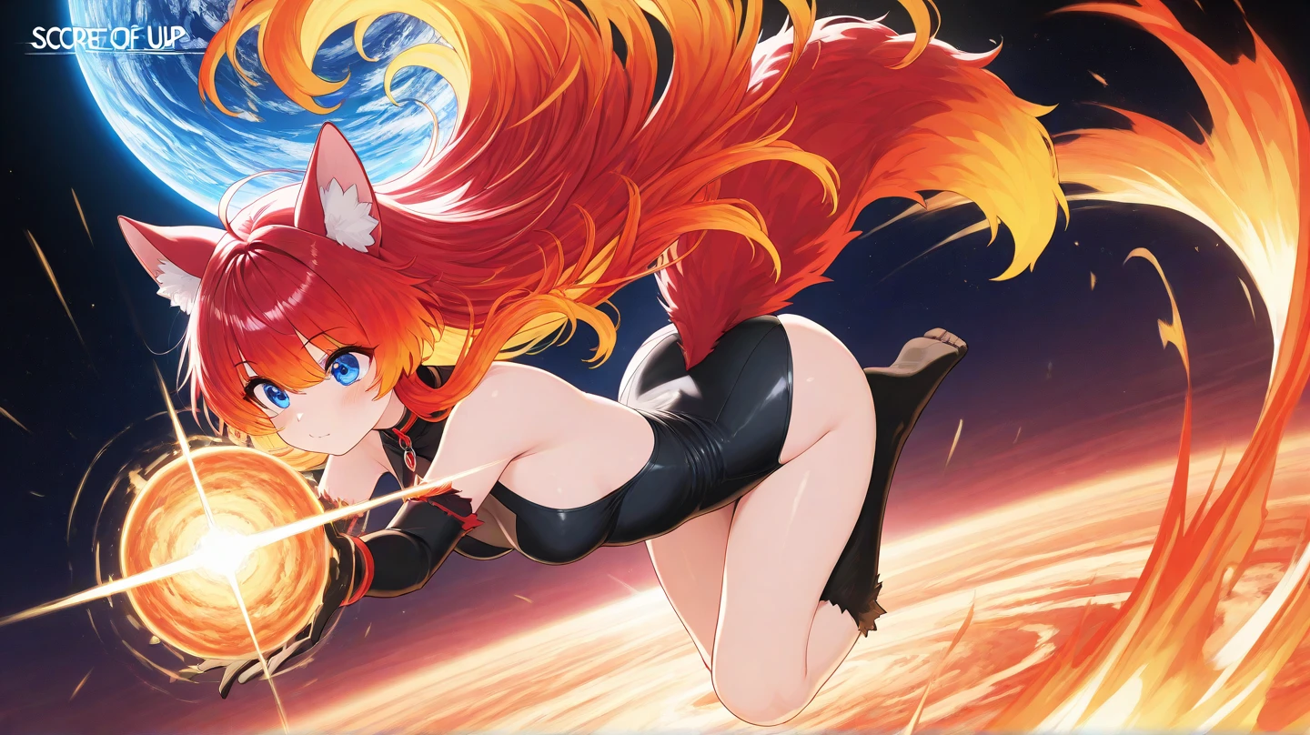 1girl, solo, orange hair, red eyes, evil smile, long hair, wolf ears, crop top, pantyhose, necktie, space