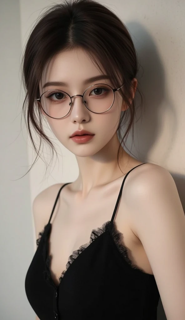 Top quality, one beautiful woman, 25 years old, medium short hair, black straight hair, dark brown eyes, glasses, black hair, pale skin, (medium chest:1.4), slendar body, BREAK depth of field, portfolio,