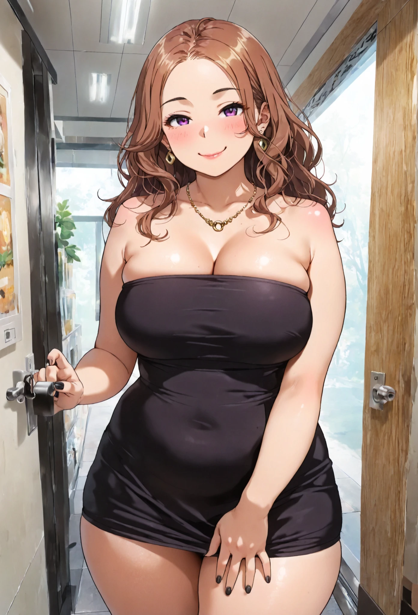 detailed illustration, dynamic angle, ultra-detailed, illustration, 1girl, 30 year old, milf, form hugging black dress, thick thighs, wavy dark brown hair, grey streaks of hair, long hair, big eyes, bright brown eyes, deep cleavage, massive sagging breasts, walking around a black fancy party, smiling, naïve, blushing, horny, happy, joy, delight, wide child bearing hips, pot belly,