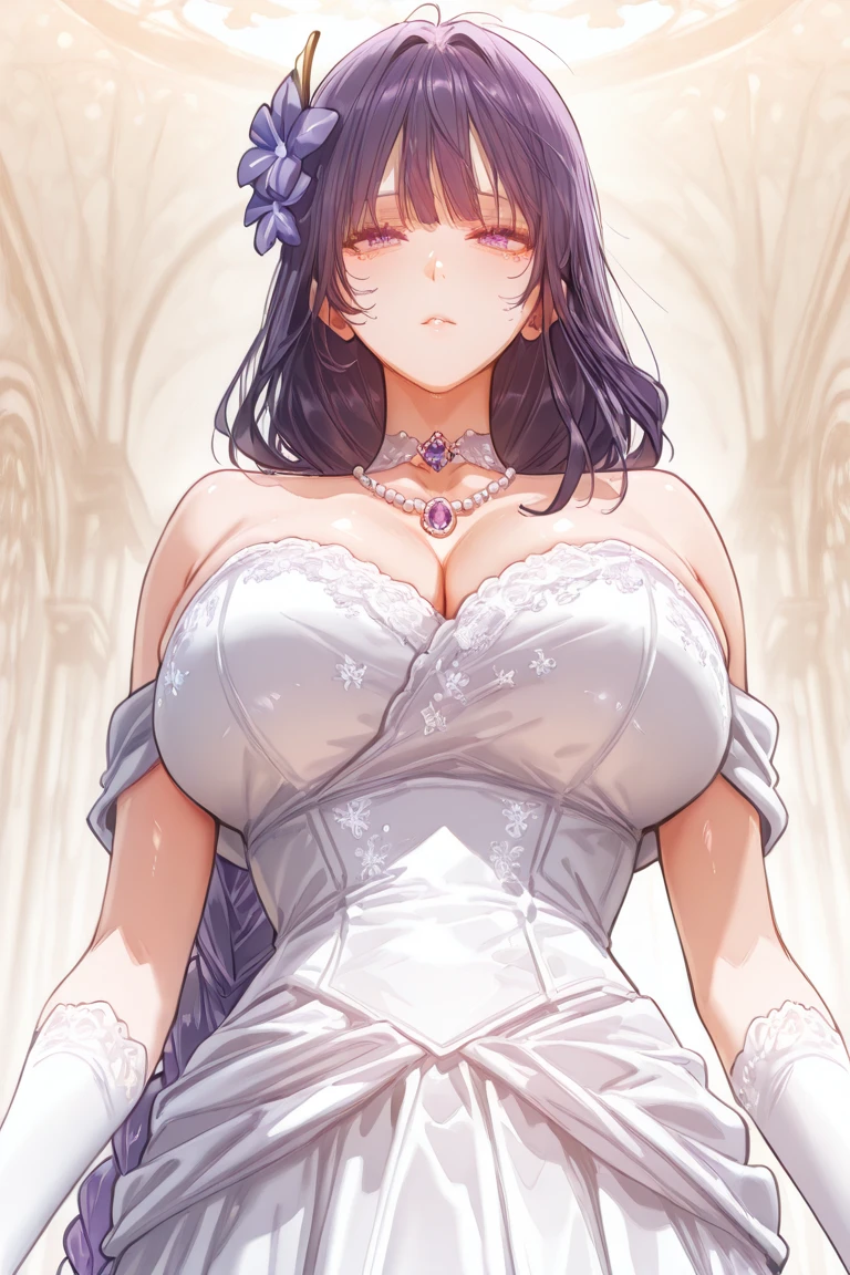 ((anime artstyle)),(((Masterpiece))), ((Best Quality)), ((Super Detail)), Illustration, (((Very Delicate and Beautiful))),Dynamic Angle,Looking at viewer,((((Solo)))),June bride,((((1 arrogant empress in jeweled white wedding dress having a wedding ceremony in a royal palace)))), in the flower garden,((((Full body)))),(standing),(((happy smile))),(blash),Purple eyes,(Sharp eyes),Detailed Face, Long Eyelashes,Jet Black Hair,(Straight Hair),((Very Long Hair)),Bangs between eyes, ((((gigantic breasts)))),cleavage,skindentation,curvy,See-through,(((fusion of jeweled white wedding dress and white rococo ball gown))),(fluffy jeweled white wedding dress with gorgeous embroidery),((hoop skirt)),long skirt,corset,crinoline,(long wedding veil),opera gloves,finely decorated jeweled big tiara, gem earrings,finely decorated necklace,Beautifully jeweled ornaments,indoor,white lily flowers, flower petals flowing,Stained glass,light particles,
