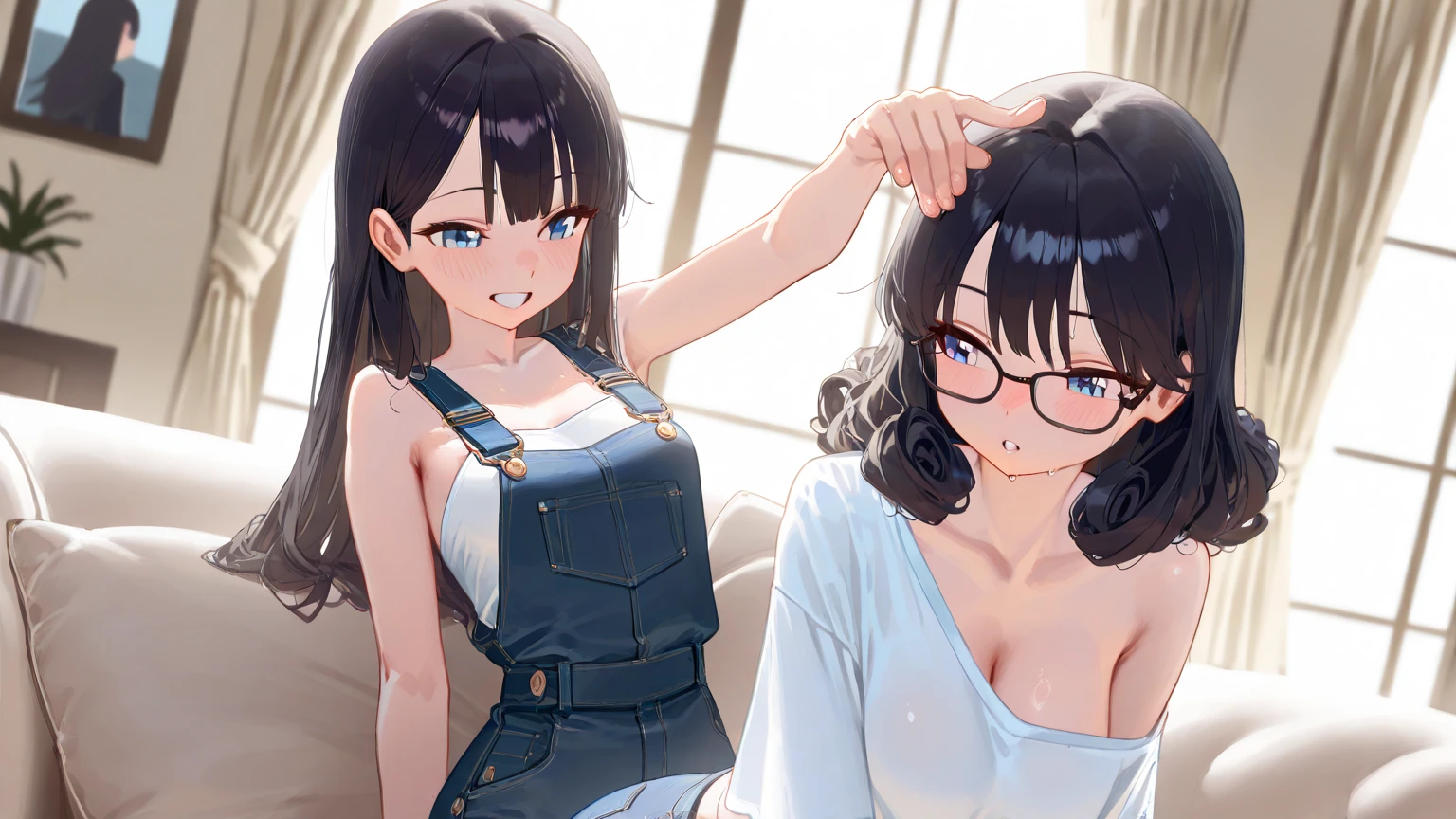 (cute eyes:1.2), (sparkling eyes:1.2), (8K、Best image quality、highest quality、masterpiece)、Detailed face、(2 girls)、Improve、(Black Hair, Purple Eyes, Glasses, long hair)、(open mouth), (embarrassed), (skinny body:1.3),(huge breasts:1.2), (Naked Towel:1.3), (cleavage), Sit on a chair, Classroom Background, (Waistline:1.1),(close-up shot of bust), (from above:1.2)