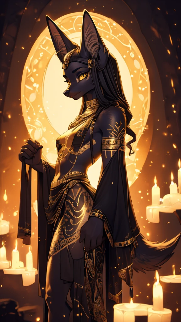 Masterpiece Best quality, the best definition to add aesthetic and lighting details Black girl jackal, egiptian clothes, teen girl, ,black body, ( the best definition in the body, good attributes, styled body, slanted eyes, sensual look) egipt landscape, golden tattoo body, sensual eyes, yellow pupil, he has 2 daggers in his hands, egyptian sorceress