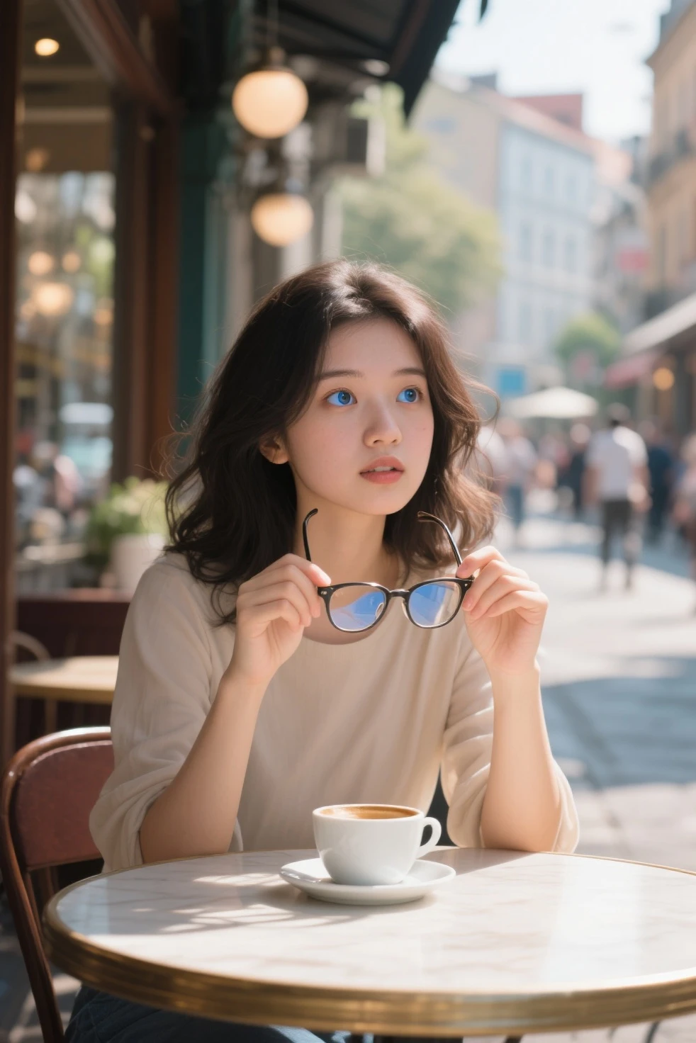 A young woman, mid-20s, with naturally dark, slightly unruly hair, is sitting at a sun-drenched cafe table. She's holding her eyeglasses in front of her, above her untouched coffee. Her pure blue eyes, usually a soft, unfocused blue behind the lenses, are now wide and bright, scanning the bustling street outside with a new, almost startled clarity. The cafe's warm, muted tones contrast with the sharp detail of her suddenly exposed features. Realistic, natural lighting, shallow depth of field. Whimsical, a real photography, best quality,4K,8K,high resolution,masterpiece,ultra-detailed,realistic,photorealistic,photo-realistic,HDR,UHD,studio lighting,ultra-fine painting,sharp focus.

