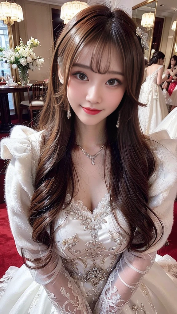 masterpiece, Best Quality,, Ultra-detailed, finely detail, hight resolution,1girl, blunt bangs, smile, blush, bed, breasts, white princess dress, sitting、nogizaka、Beautiful brown eyes:1.３、17-year-old, red head, absurdrez, sensual, elegante, charm, shiny skin, dinive, red enamel, jewelry, full body, ultra detali, high qualiy, work of art, face detailed, gorgeous eyes(detailedeyes), a face of perfect proportions

