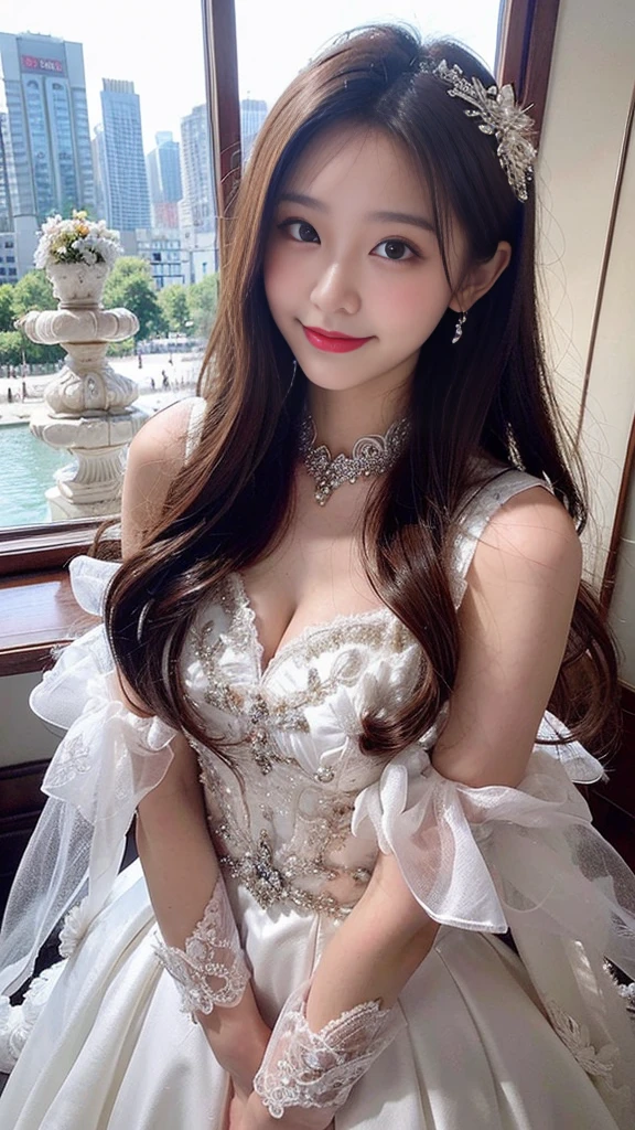 ((highest quality)), ((masterpiece)), (become familiar with), perfect face、8k、real photos、ultra high resolution, master parts, highest quality, ticker , cinematic images,nice girl、Ann、16 years old、Annグロサクソン人、eyes are purple、double eyelid、very垂れ目、（very, very大きな瞳：1.9）、dark eyeshadow、very薄い唇、The tip of your nose grows beautifully..、nose tip is small,,,,, very detailed ,silver hair、straight hair、very smiling、 sweet expression 、very beautiful woman、long legs、big breasts、 very clear shadows , jewelry , fine eyes,  shiny skin , パーフェクトブリリAnnト, perfect sentence, dramatic shadow 、She wears a white see-through dress、Gold embroidery throughout the dress、white high heels、white tiara on head、gold necklace、angel wings on the back、holding a bouquet of flowers in both hands