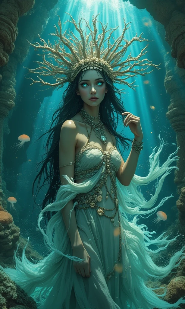 Sexy goddess of underwater celestial bodies, In an underwater seaweed garden, Portrait, (Dynamic pose), black long curly hair, wearing long white togas, Wearing gold hand gloves, Masterpiece, Uptrend, 8K