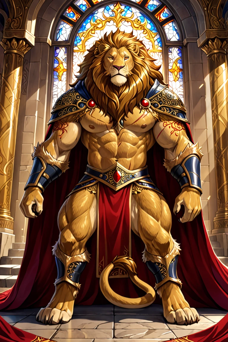Make a pamphlet with a lion in golden armor holding a golden trident on a black and gold colored throne