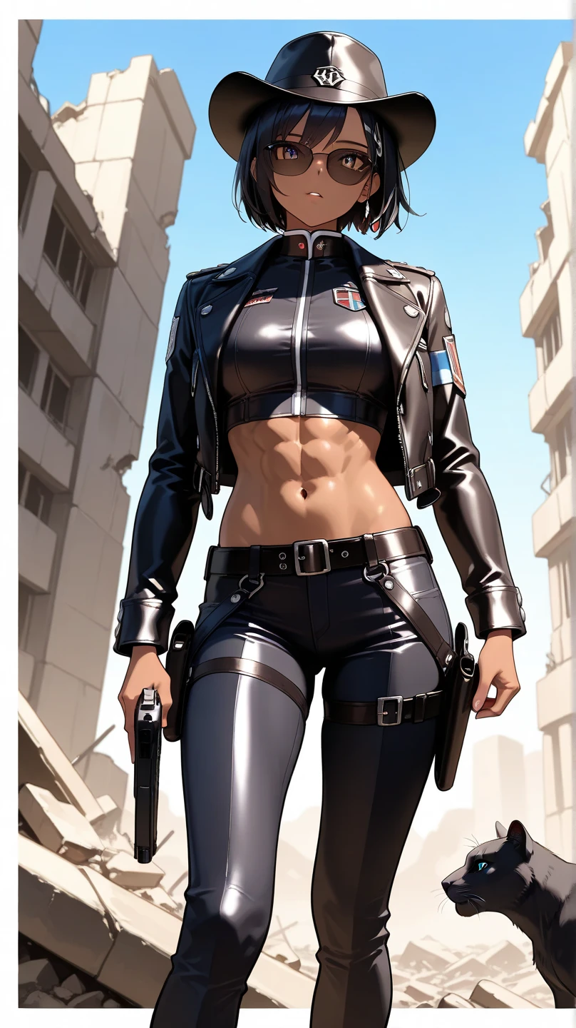 Masterpiece, highest quality, details, black woman, African female, hunter, brown skin, warrior, modern, full body, sensual eyes, gun in hand, city building, realistic, game avatar, sexy pose, brown leather clothes, silver bullet necklace, crucifix earrings, long braided hair, grandes, vampire hunter, black leather jacket with red words, utility belt on waste, yoga pants, jealous
