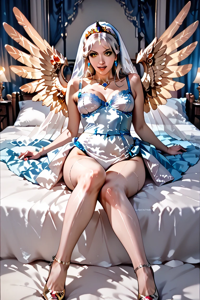 Celestiahuman, Princess Celestia from my little pony, Princess Celestia in the form of a girl, in white underwear, naked, white bra, thong, pulls panties, big breasts, lush breasts, voluminous breasts, elastic breasts, on the bed, legs apart, wet underwear, you can see the whole body, linen shines through, white sheets, sweat, wet with sweat, shin, heels, feet, undress, five fingers, detailed hands, Big white angel wings behind the back,  white feathers, royal bedroom, bare feet