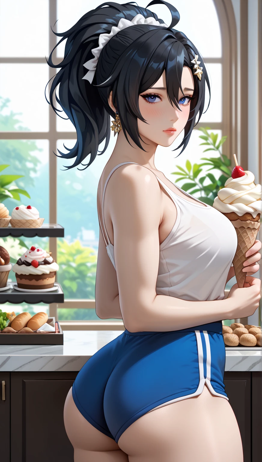 A girl eating breakfast without pants