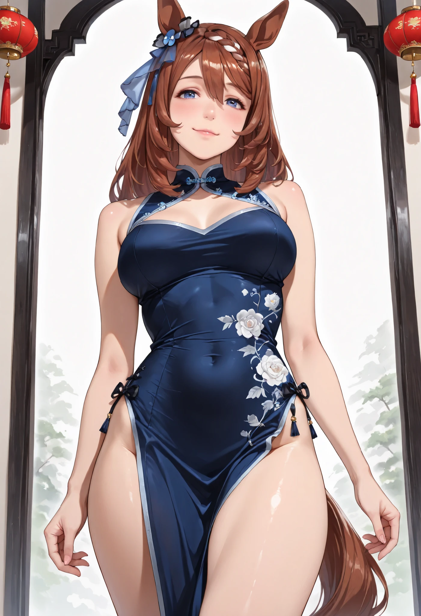 (masterpiece, best quality, perfect face:1.4), wide angle, super creek \(umamusume\), horse ears, ear ornament, horse tail, tail on the lower back, proportional body, proportional, beautiful hair, beautiful face, beautiful detailed eyes, beautiful clavicle, beautiful body, beautiful chest, beautiful thigh, beautiful legs, beautiful fingers, looking at viewer, BREAK, (traditional chinese dress , one-piece dark blue transparent, tight, long length, elegant, hand embroidery, decoration, fascinating), stylish, cool, cute, sexy, BREAK, blush smile, textured skin, realistic skin, HDR, BREAK, good hands