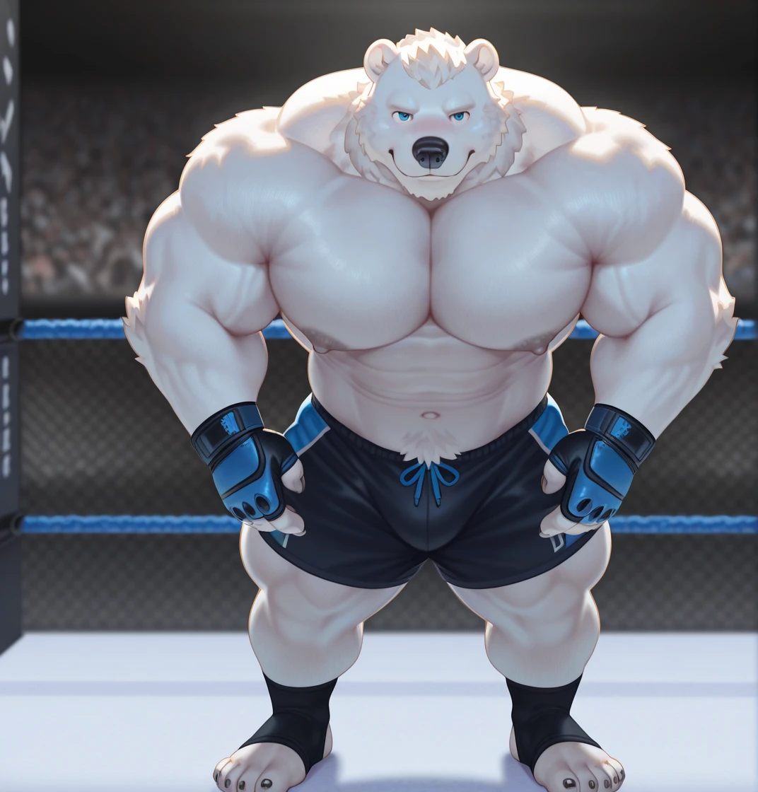 Brock Ólafsson The Huge Muscled Polar Bear, with White Hair, Shirtless, Topless, Black Wristbands and Black Gym Shorts, Flexing His Thorax.