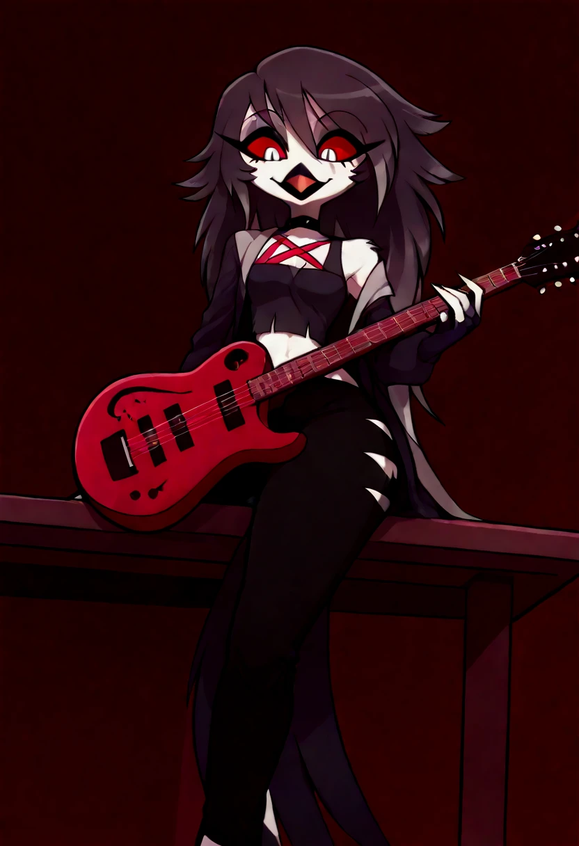 score_9, score_8_up, score_7_up, score_6_up, score_5_up, score_4_up, solo, octavia from helluva boss, avian bird demon owl owl_demon, beak, red sclera, detailed, beautiful, female, vector, small , wide , happy, long hair, sitting on table, playing guitar, look down, black clothes, ripped pants, tank top, jacket. Octaiva from Helluva boss has talon_feet. She has 3 talon toes. Focus on the sole wrinkles and the driping sweet off her bird-like feet. The talon foot of octaiva are owl-like feet, her claws are colored pink. The focus is her looking down having her foot raised about to step on them. (Pov stomp)