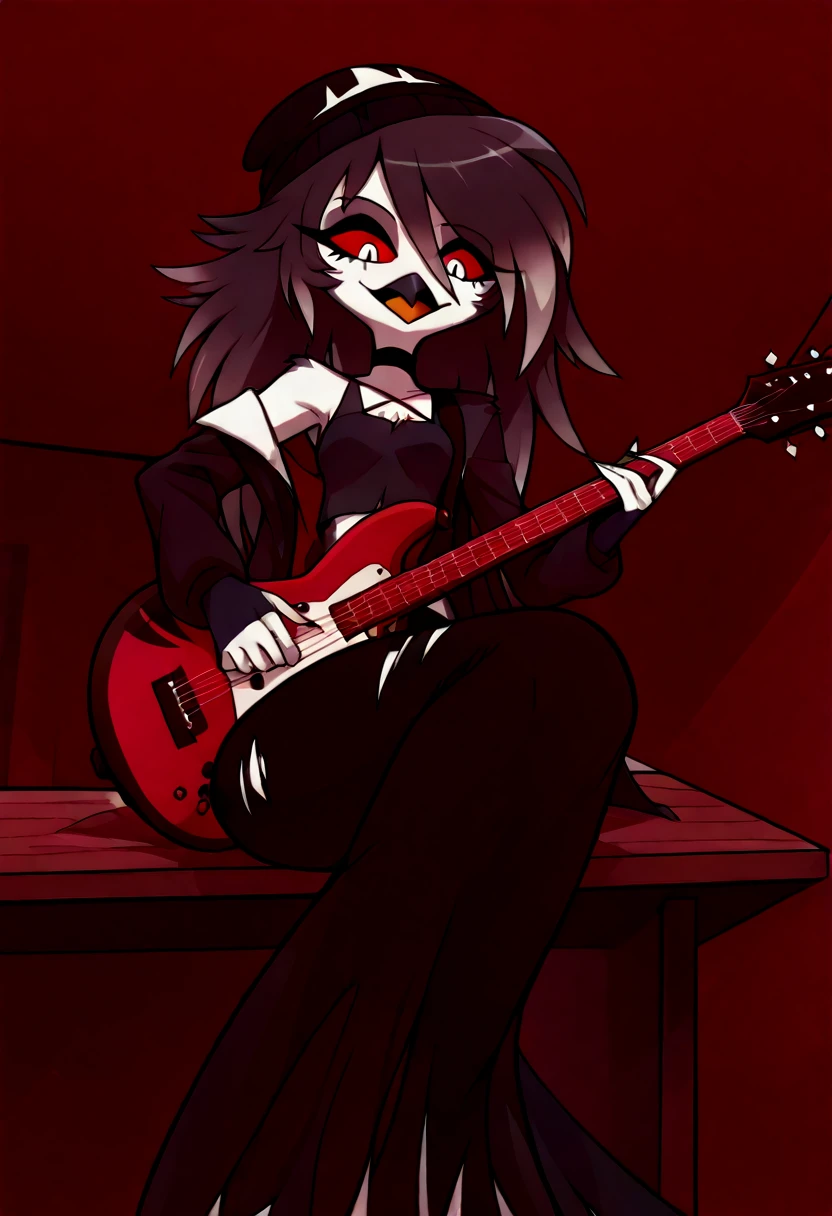 LnF, black fur, Eyes red, female, long black hair, black gown, guitar 