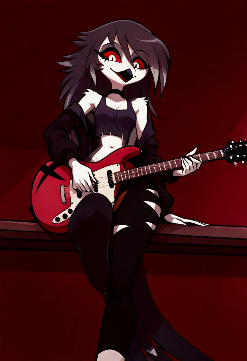 score_9, score_8_up, score_7_up, score_6_up, score_5_up, score_4_up, solo, octavia from helluva boss, avian bird demon owl owl_demon, beak, red sclera, detailed, beautiful, female, vector, small , wide , happy, long hair, sitting on table, playing guitar, look down, black clothes, ripped pants, tank top, jacket. Octaiva from Helluva boss has talon_feet. She has 3 talon toes. Focus on the sole wrinkles and the driping sweet off her bird-like feet. The talon foot of octaiva are owl-like feet, her claws are colored pink. The focus is her looking down having her foot raised about to step on them. (Pov stomp)